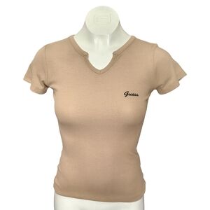 Guess Vintage Women's Beige Short Sleeve V-Neck Tee Y2K